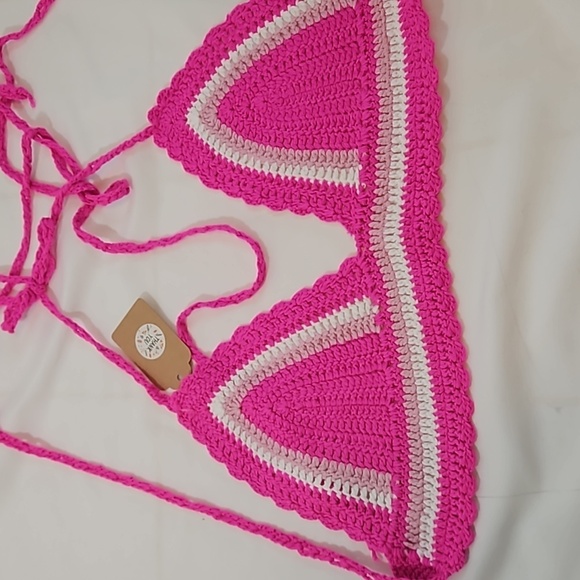 Hand Crafted Bikini Crochet Halter Top Hot Pink White Crop-Top Swim Coverup - Picture 17 of 17